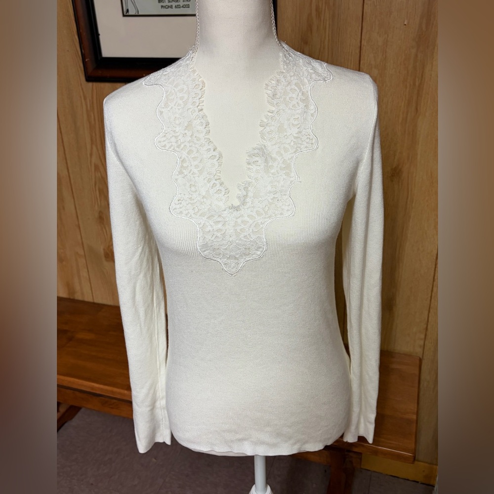 Express White Lace Trim Cotton Blend Long Sleeve Sweater Size M